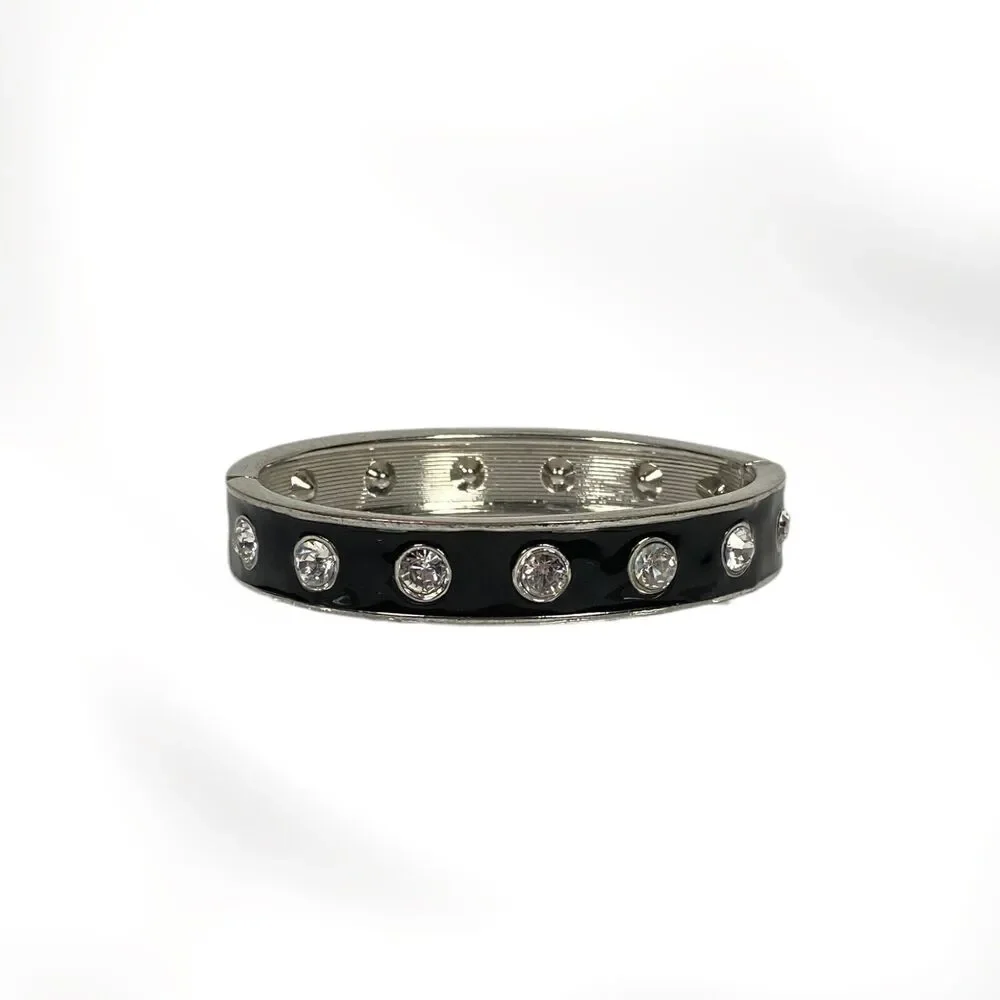 VTG Enamel Rhinestone Studded Bracelet Black Silver Tone Hinged Bangle Clamper
